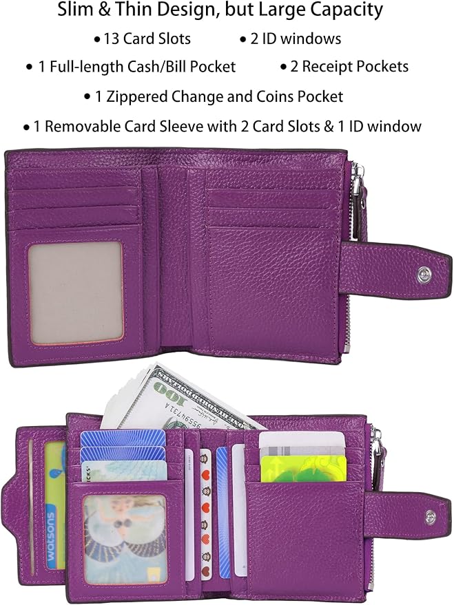 AINIMOER Women's RFID Blocking Leather Small Compact Bi-fold Zipper Pocket Wallet Card Case Purse with id Window