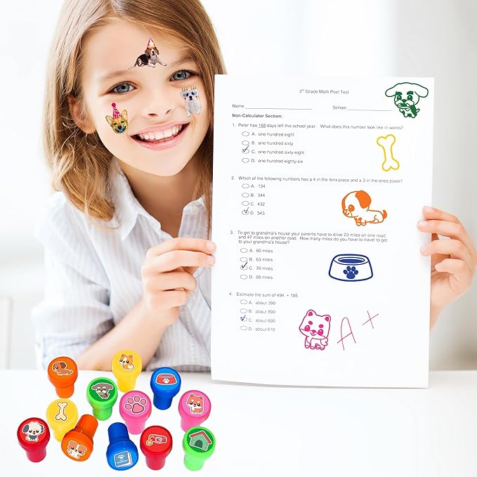 36PCS Dog Party Favors - 24PCS Temporary Tattoos & 12PCS Stamps - Ideal Pet Lover Themed Birthday Card Decorations Supplies Goodie Bag Cute Rewards for Boys Girls Classroom Gifts Baby Shower