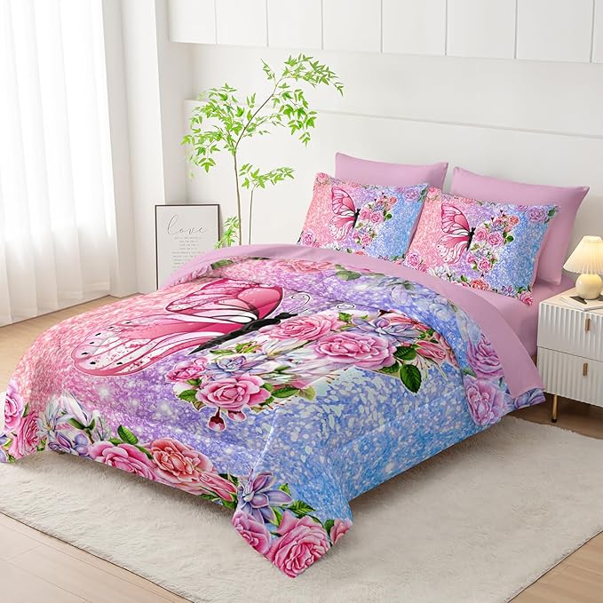 Butterfly Comforter Set (7 Piece) - Queen Size, Floral Pink Purple Bedding, Girls/Teens, Soft Microfiber, Sheets/Pillowcases Included