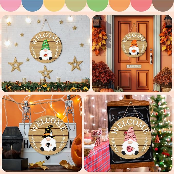 Veluckin Seasonal Gnome Wall Decor Set, 11.8 inch Autumn Wooden Round Sign with Interchangeable Holiday Hats, Thanksgiving Welcome Door Hanging (Light brown-3)
