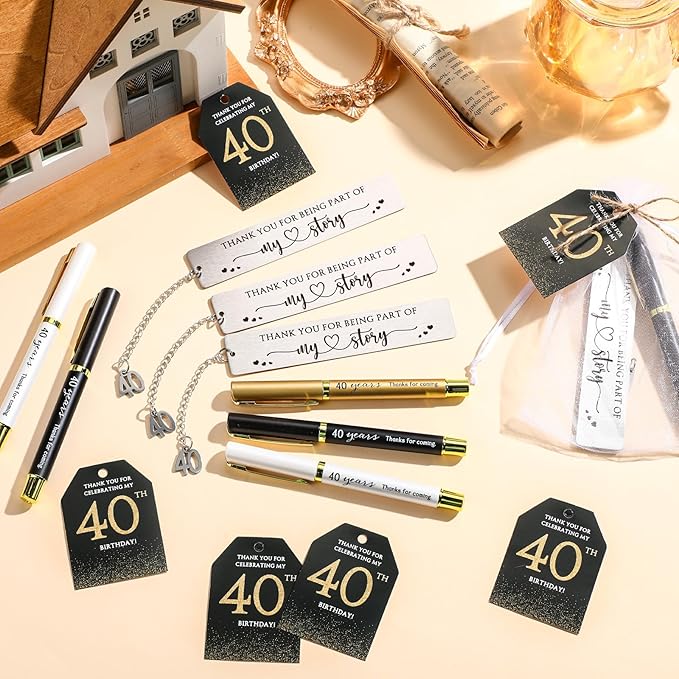 25 Sets Birthday Favors for Guests 25 Thanks for Coming Ballpoint Pens 25 Bookmarks 25 Cards with Organza Bag for Adult Birthday Anniversary Party Souvenir(Metal-40th)
