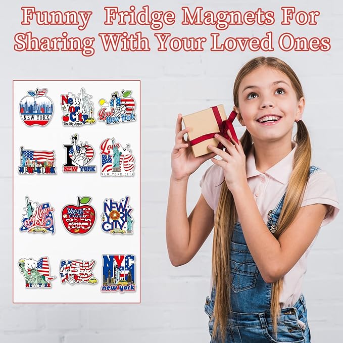 New York Fridge Magnet - 12Pcs New York Souvenirs Gifts NYC Refrigerator Magnets USA Flag Statue of Liberty Fridge Magnetic Stickers for Home Office Kitchen Locker Traveler Tourist Gift