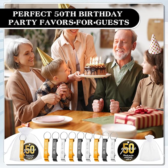 Dandat 54 Sets 50th Birthday Party Favors for Guests Birthday Beer Opener Keychain Cheers to 50 Bottle Opener Keychain with Thank You Cards and Gift Bags for Anniversary Wedding Party Favors