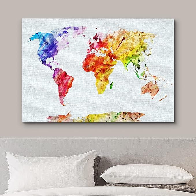 wall26 Canvas Print Wall Art Watercolor Style Rainbow Streak World Map Architecture & Maps Cultural Illustrations Modern Art Traditional Multicolor for Living Room, Bedroom, Office - 24"x36"