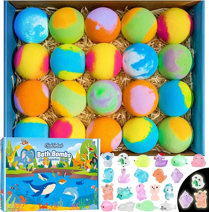 Bath Bombs for Kids with Surprise Inside, 20 Pack Handmade Bath Bomb Gift Set with Glow-in-The-Dark Toys, Fizzy Bath Balls for Fun, Great Christmas Gift or 2025 Advent Calendar for Boys & Girls