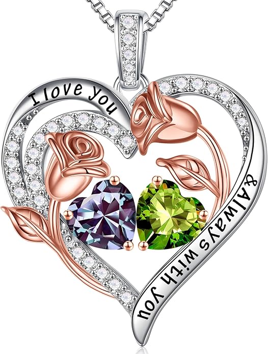 Iefil Valentines Day Gifts for Her - 925 Sterling Silver Rose Heart Birthstone Necklace Birthday Anniversary Jewelry Gifts for Her Wife Mom Daughter