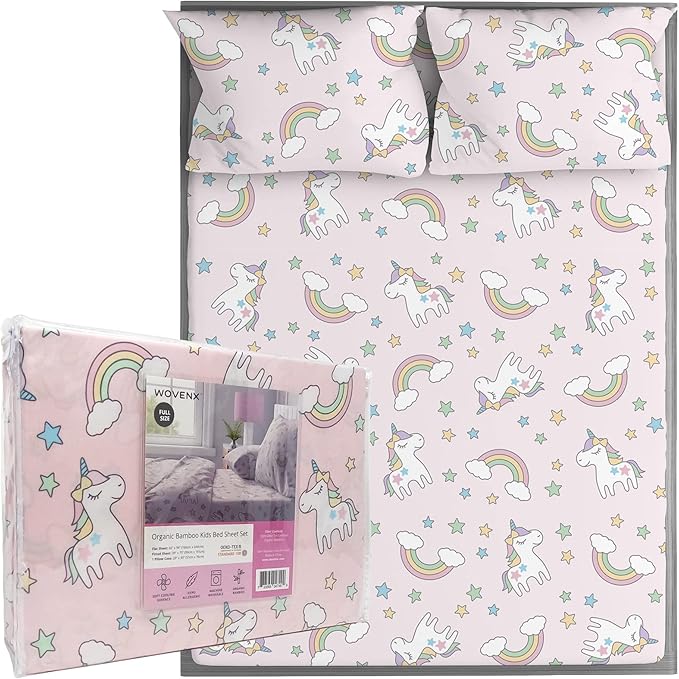 Kids Organic Viscose Derived from Bamboo Sheet Set | Twin or Full Size Fitted Bed Sheets | Oeko-Tex Certified | Cute Toddler Bedding for Girls & Boys Unicorn Full