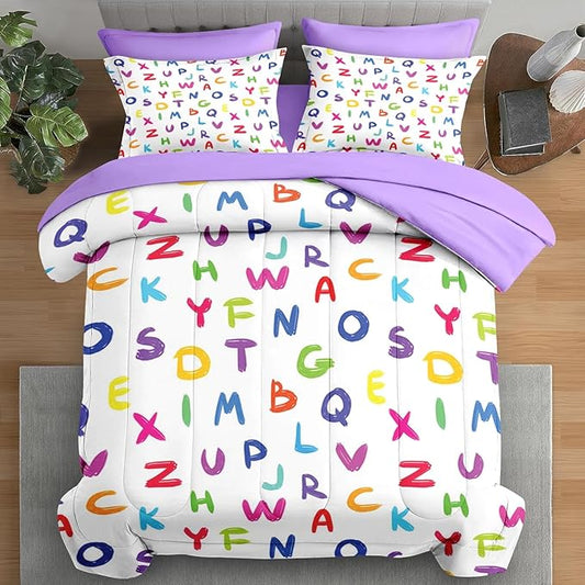 Comforter Set Full Size, Kids Colorful Alphabet 7 Pcs Bedding for Kids and Adults, Multicolored English Preschool Bed Sheet Sets with Fitted Sheet 2 Pillowcases & 2 Shams for Bedroom Bed Decor