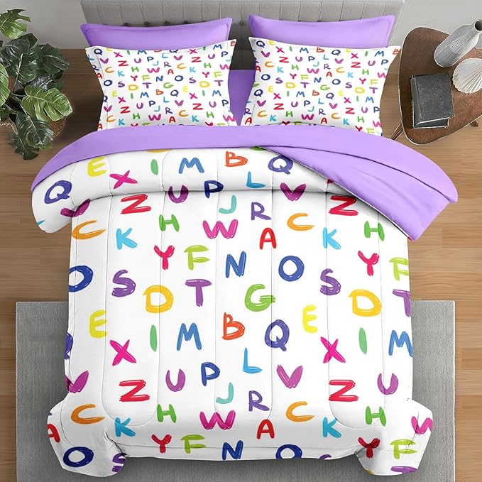 Comforter Set Twin Size, Kids Colorful Alphabet 5 Pcs Bedding for Kids and Adults, Multicolored English Preschool Bed Sheet Sets with Fitted Sheet Pillowcase & Sham for Bedroom Bed Decor
