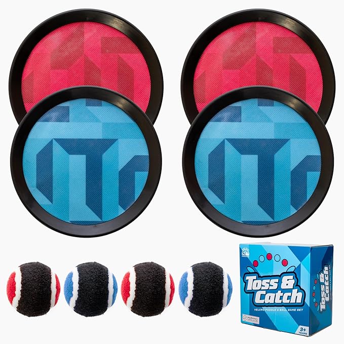 Toss and Catch Ball Set - Modern Ball and Catch Game with 4 Paddles and 4 Balls. Toss and Catch Game for Beach with Mesh Storage Bag - Durable Modern Design