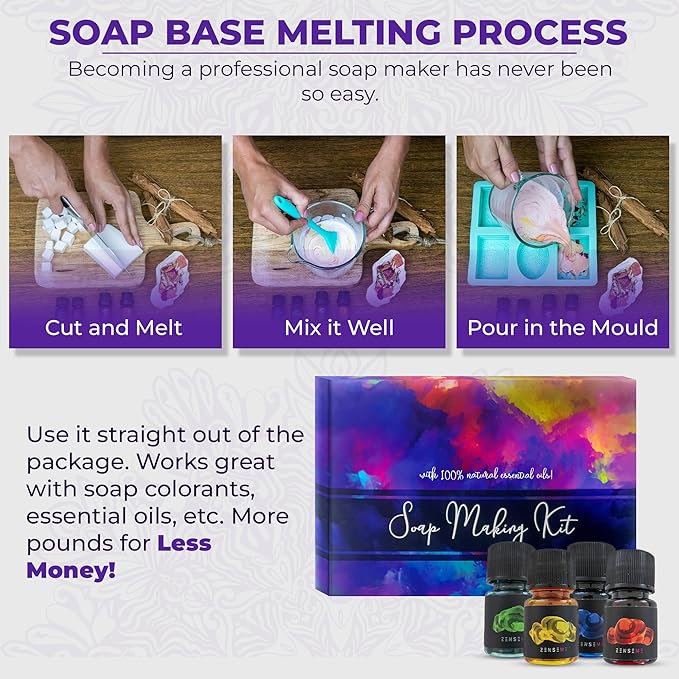 Soap Making Kit for Adults, Make Your Own Soap with Melt & Pour diy Natural Soap supplies; 6 Essential Oils, Silicone Soap Mold, Spoon, Dried Flowers, 1.5lbs. Goats Milk Soap Base, 4 Colors, 9 Labels