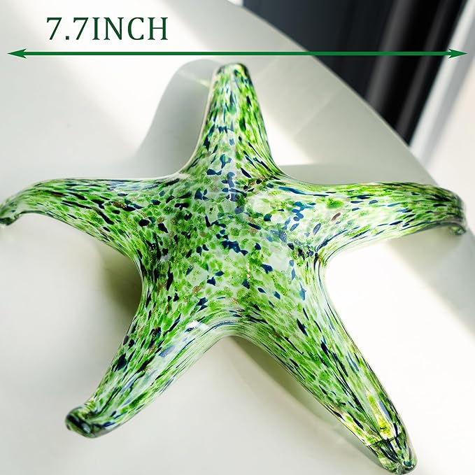 QFkris 7.8" Hand Blown Glass Starfish Figurines, Glass Sea Life Animal Ornaments for Home Decor, Star Fish Paperweight for Office Deck, for Mom Women