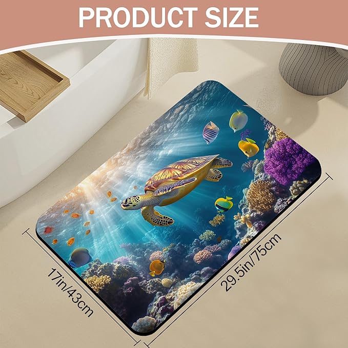 Diatomaceous Earth Bath Mat,Sea Turtle Bath Rugs,Fish Coral Colorful Non-Slip Thin Absorbent Fast Drying Easy to Clean for Bathroom Laundry Home Kitchen Door Mat 17x29.5Inch