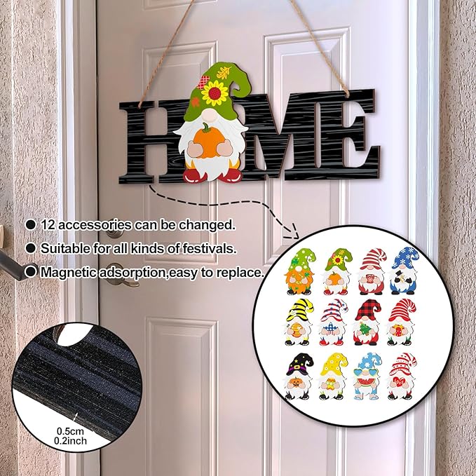 Yookeer 13 Pcs Interchangeable Gnome Home Sign Wood 3D Christmas Winter Seasonal Door Decor Rustic Farmhouse Home Decoration for Holiday Wall Decor Gift(Black and White Stripes)