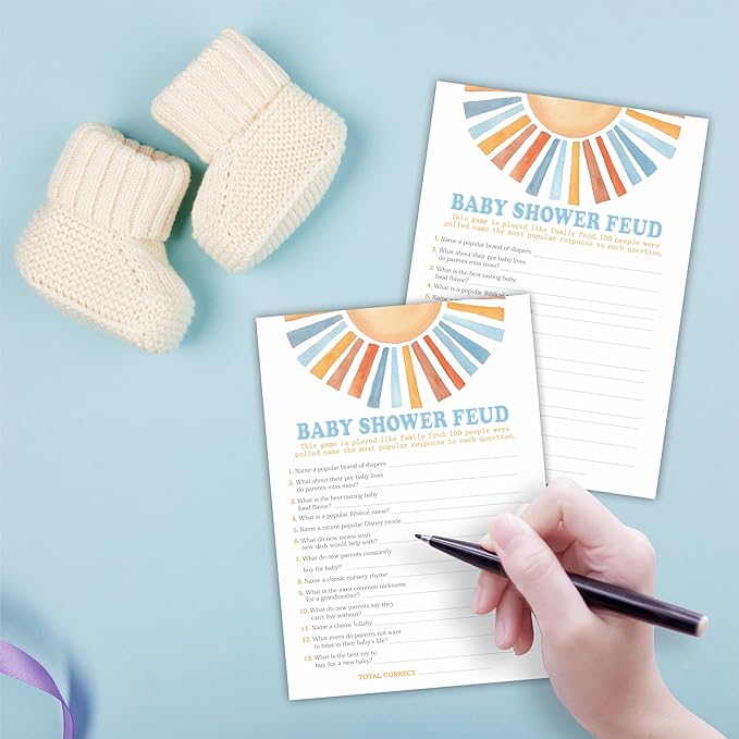 Retro Sunshine Baby Shower Feud Game Kit - Here Comes The Sun - 30 Double-Sided Game Cards & 1 Answer Card for Baby Shower, Gender Reveal Party Favor, Activity & Supplies - D06
