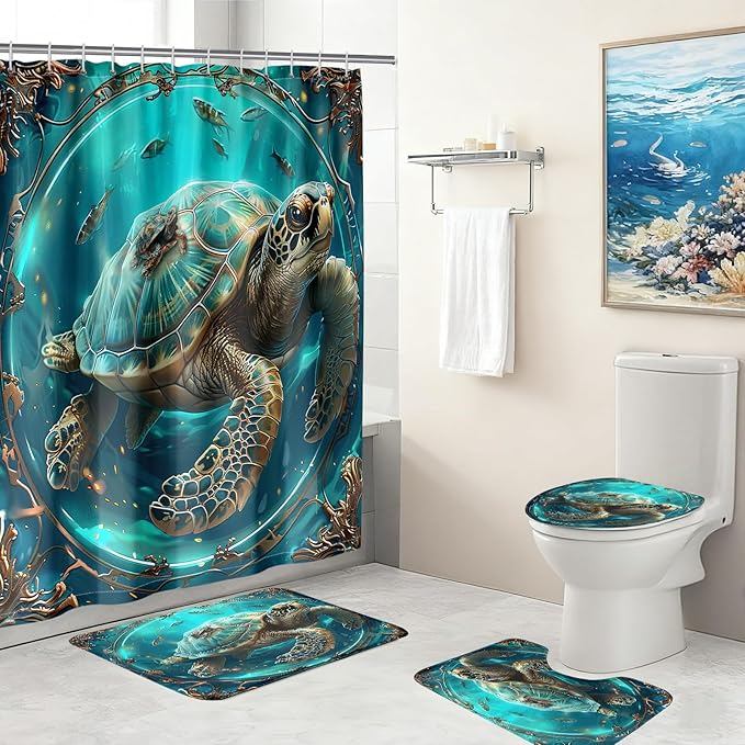 Sea Turtle Shower Curtains - 4 Pcs Kids Shower Curtain Set Ocean Themed Shower Curtain Turtle Shower Curtains for Bathroom Turtle Bathroom Accessories with Rug,and Bath Mat with 12 Hooks