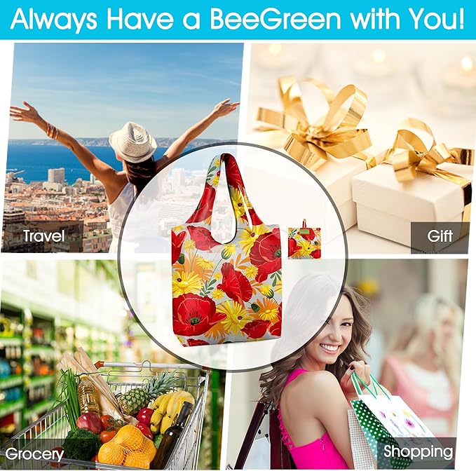 BeeGreen Flowers Reusable Grocery Bags Reusable Kitchen Bags Bulk Foldable-Machine Washable with Zipper Storage Pouch 6 Packs