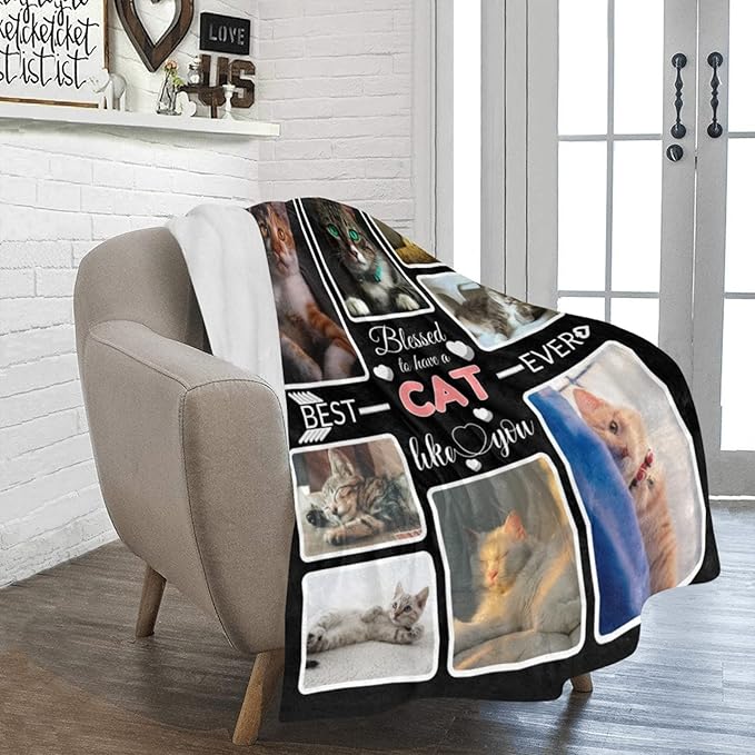 Custom Blanket Gifts for Cat, Customized Blankets with Photos, Make a Personalized Bed Throws to My Cat, Custom Souvenir Throw Blanket for Best Cat Ever, 8 Collages Made in USA