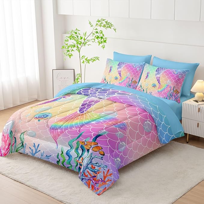 7Pcs Mermaid Tail Comforter Set Pink Scales Printed Bedding Set with 1 Comforter, 1 Flat Sheet, 1 Fitted Sheet and 4 Pillowcases for Boys and Girls Bedroom All Season(Full)