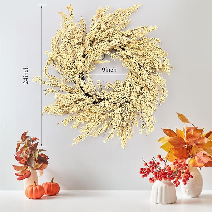 Huashen Fall Wreath, Artificial 24 inch White Berry Wreaths for Front Door Milk White Berry Wreath Christmas Wreaths for Farmhouse Festival Outdoor Party Holiday Home Decor