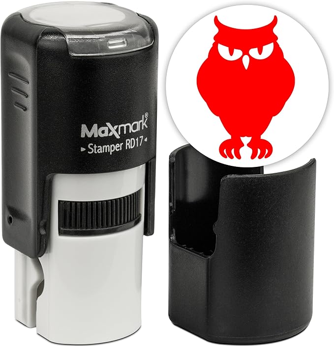 MaxMark Round Self Inking Halloween Stamp - Owl - Red Ink