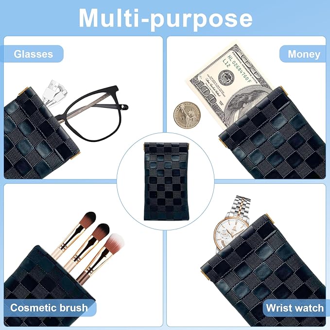 2PCS Small Makeup Bag for Purse, Mini Leather Pocket Cosmetic Bag for Women, Waterproof Portable Makeup Pouch No Zipper Coin Purse Lipstick Bag Accessories, Checkered Travel Storage Bag (Black)