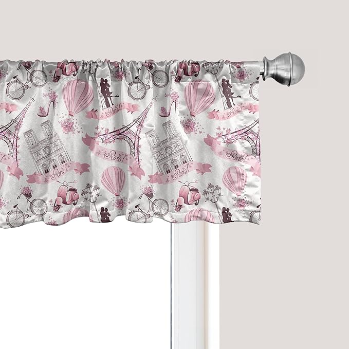 Ambesonne Paris Window Valance, Valentines Day Theme with Eiffel Kissing Couple Hot Air Balloon Wedding Concept, Curtain Valance for Kitchen Bedroom Decor with Rod Pocket, 54" X 12", Pink Rose
