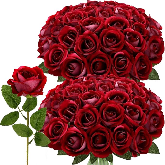 Roses Artificial Flowers, Fake Velvet Silk Roses in Bulk for Home Decor Indoor, Fake Roses Realistic Flowers with Stems for Wedding Centerpiece Party Decor (24, Purplish Red)
