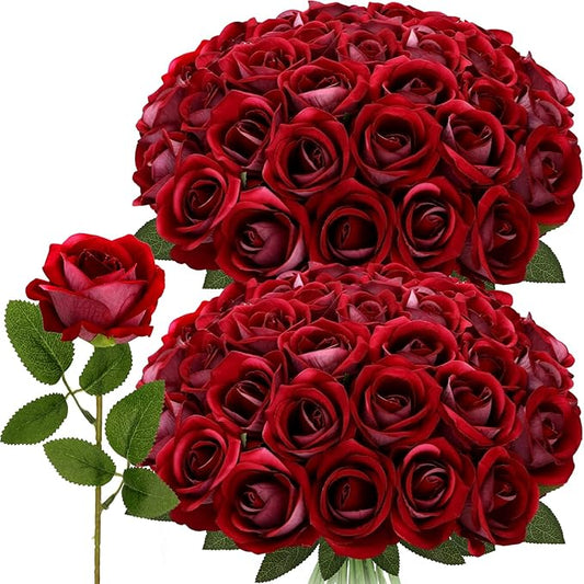 Roses Artificial Flowers, Fake Velvet Silk Roses in Bulk for Home Decor Indoor, Fake Roses Realistic Flowers with Stems for Wedding Centerpiece Party Decor (24, Purplish Red)