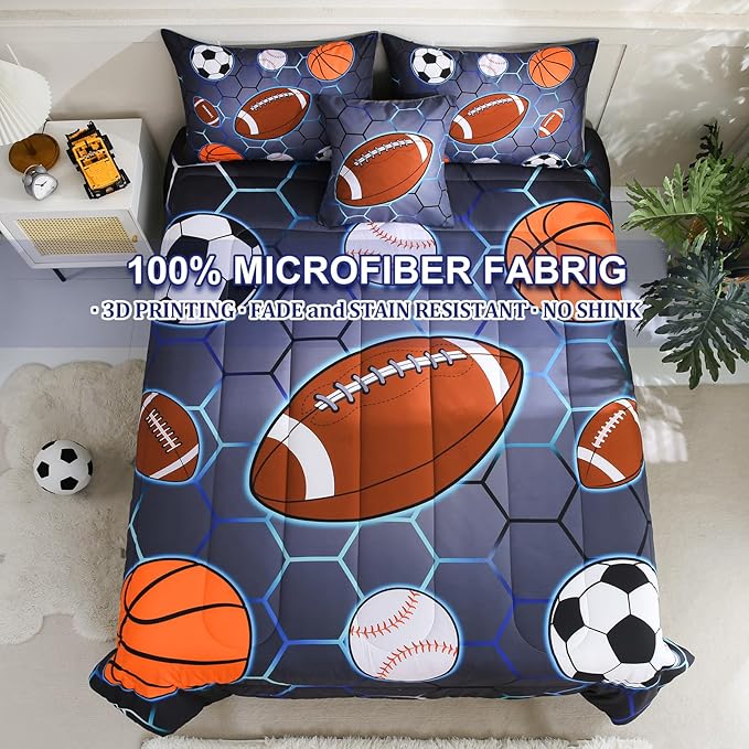 6 Pcs Bed in A Bag Full Size Comforter Sets for Boys,Sports Bedding Sets,Baseball Soccer Basketball Football Comforter Sets with Sheets for Kids Teens