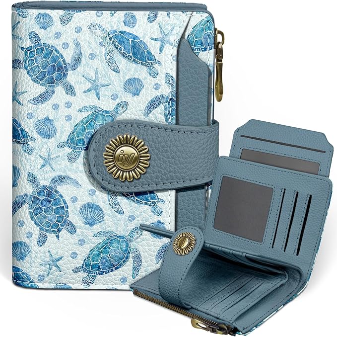 Sea Turtle Small Wallet Women RFID Blocking Bifold, Credit Card Holder, Zipper Coin Pocket, PU Leather, Cute, Compact, Travel, 4 ID Window, 14 Card Slots, Cash Purse, Ladies Woman Female Girls