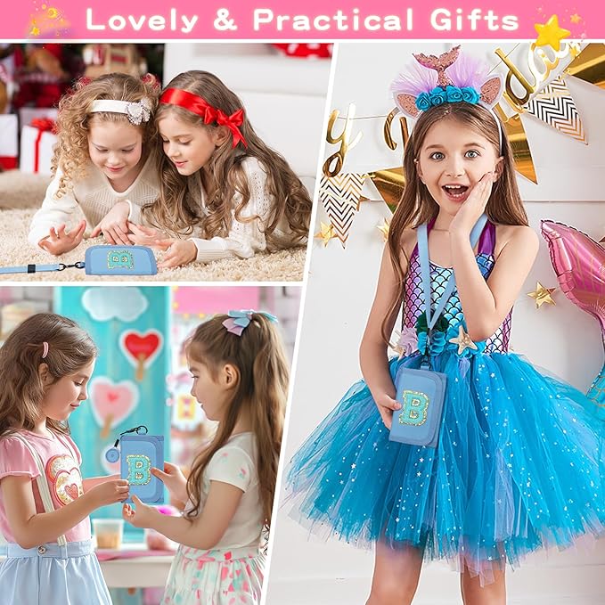 Gifts for Girls 3 4 5 6 7 8 9 10 11 12 Years Old Kids Wallet Cute Initial Coin Purse Toddler Wallet with Magic Sticker (Blue, B)
