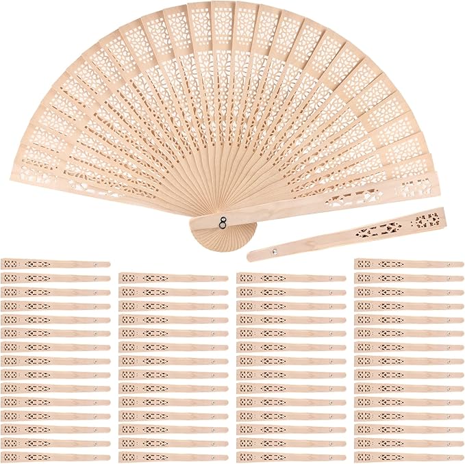 JAPCHET 60 Pack 8 Inch Sandalwood Fan, Vintage Wooden Hand Held Folding Fan, Hollow Carved Handheld Fans for Wedding Decor, Dancing, Birthday Gift, Photo props