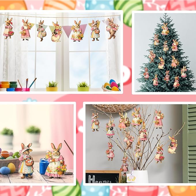 Yookeer 36 Pcs Easter Wooden Ornaments Vintage Bunny Egg Hanging Decorations Pink Rabbit Flower Wood Cutouts Farmhouse Spring Ornaments with Rope for Tree Home Party Decor
