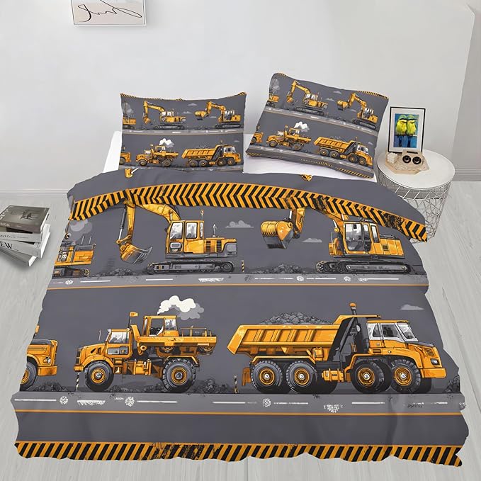 Construction Vehicles Bedding Set Queen Size Excavator Dump Truck Duvet Cover Industrial Style Comforter Cover Machinery Car Bed Set Soft Microfiber for Bedroom