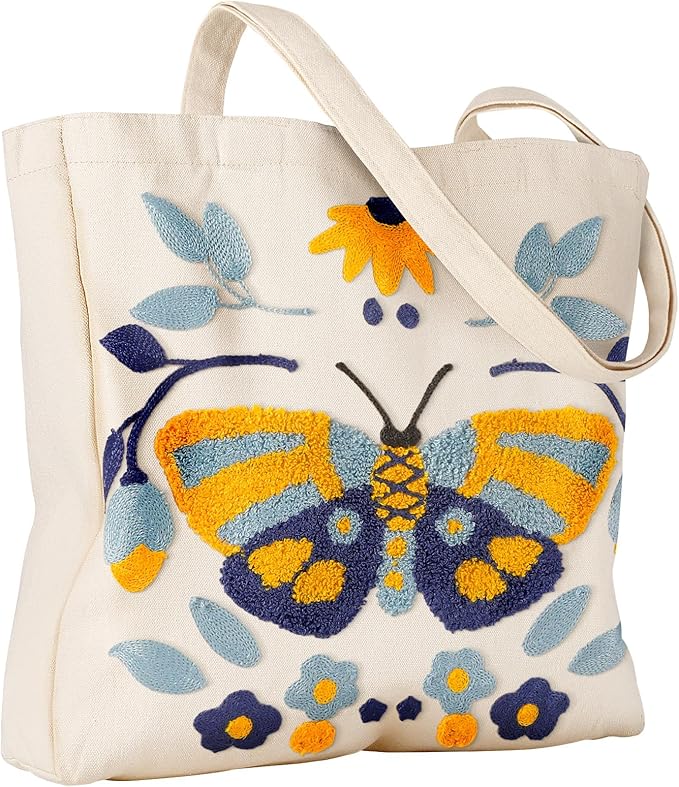 Miss Adola Aesthetic Embroidery Tote Bag for Women - Reusable Canvas Cute Shoulder Bag for Shopping, Grocery, Work, Book