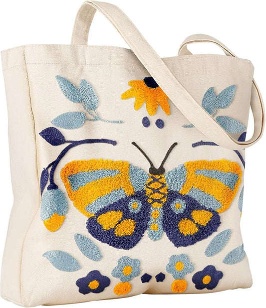 Miss Adola Aesthetic Embroidery Tote Bag for Women - Reusable Canvas Cute Shoulder Bag for Shopping, Grocery, Work, Book