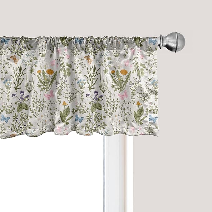 Ambesonne Vintage Window Valance, Garden Art Nature Theme with Herbs and Flowers Colorful Spring Season Elements, Curtain Valance for Kitchen Bedroom Decor with Rod Pocket, 54" X 18", Sage Green