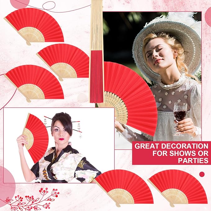 Yinkin 24 Pack Folding Fans Bamboo Handheld Folded Craft Hand Japanese Chinese Fans for Weddings Bridal Dancing Church DIY Decoration Women Gift Party Favors (Red)