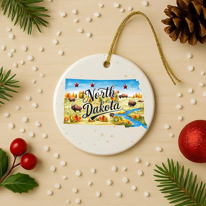 USA State Landmark Ceramic Ornament – Round Glossy Christmas Decoration Featuring U.S. State Art, Landmarks & Holiday Scenery – Collectible Travel Souvenir Ornament Series (North Dakota)