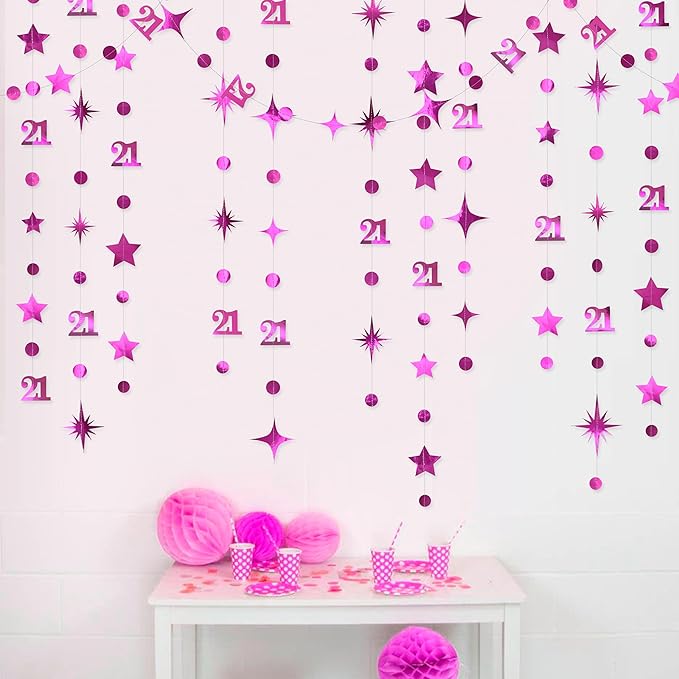 Hot Pink Number 21 Circle Dot Twinkle Star Garland Metallic Hanging Streamer Banner Backdrop Decorations for Girls Happy 21st Birthday Hot Girl Finally Legal Bday 21st Anniversary Party Supplies