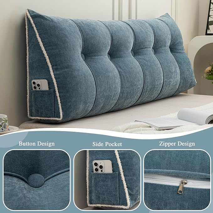 Headboard Pillow Queen, Chenille Triangular Wedge Pillow Headboard Queen Size, Reading Setting Backrest Daybed Pillows for Sofa Bed with Removable Cover, Blue