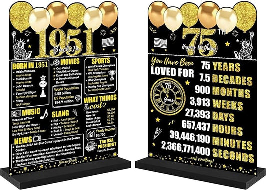 Black Gold 75th Birthday Decorations for Men Women, Two-Sided Vintage 75 Back in 1951 Theme Poster Wooden Table Sign with Stand, 75 Years Old Bday Centerpieces Holder for Table Decor