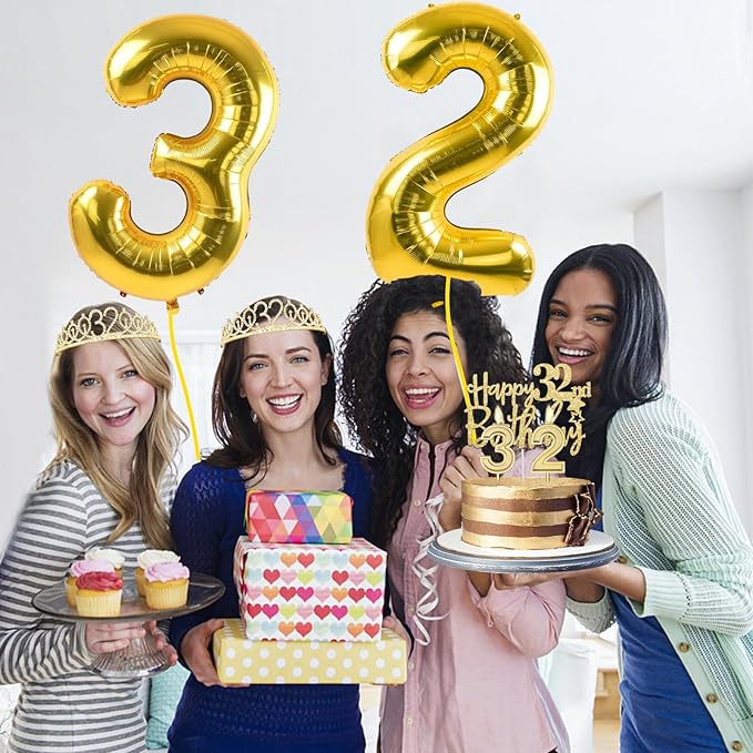 32nd Birthday Decorations for Women Gold with 32 Birthday Sash and Tiara, Cake Topper and Candles, Number Balloons, 32 Year Old Gifts for Women
