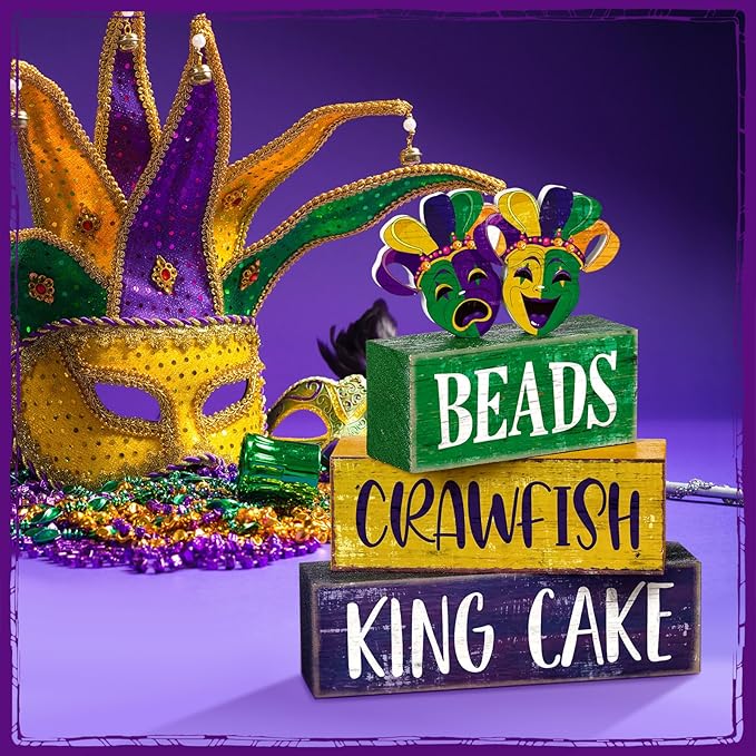 4 Pcs Mardi Gras Decorations Mardi Gras Faux Stacked Books Wooden Sign Book Stack for Kitchen Dining Table Tiered Tray Fireplace Mantel Home Decor