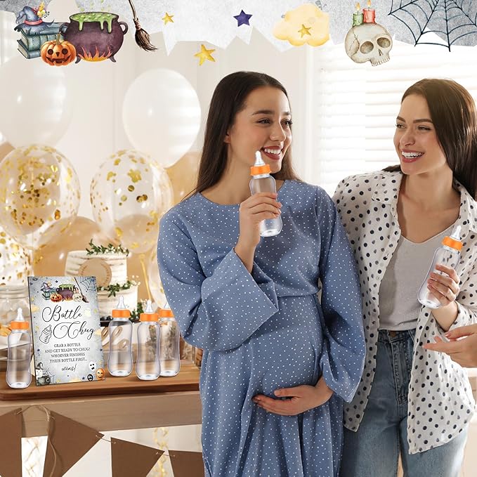 TrelaCo Halloween Cool Baby Shower Games Bottle Chug Sign Wooden Halloween Boo Theme Baby Gift Sets Gender Reveal Party Favors and 12 Pcs Baby Bottle Shower Favor Baby Bottles for Baby Shower