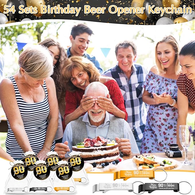 Dandat 54 Sets 90th Birthday Party Favors for Guests Birthday Beer Opener Keychain Cheers to 90 Bottle Opener Keychain with Thank You Cards and Gift Bags for Anniversary Wedding Party Favors