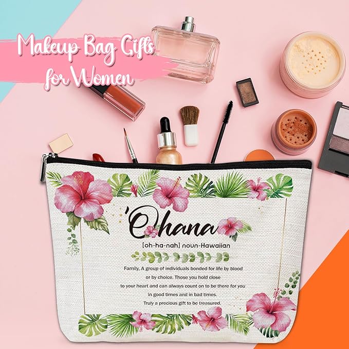 Hawaii Aloha Makeup Bag - Hawaiian Gifts Souvenirs for Women, Hawaiian Tropic Ohana Cosmetic Make Up Bag with Zipper, Birthday Christmas Appreciation Gifts for Friends Mother Sister Aunt