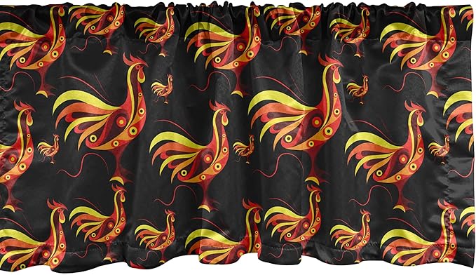 Ambesonne Farm Window Valance Pack of 2, Warm Colored Curled Ornamental Abstract Plumy Roosters Fowls, Rod Pocket Curtain Valances for Kitchen Bedroom, 42" X 18", Charcoal Grey Multicolor