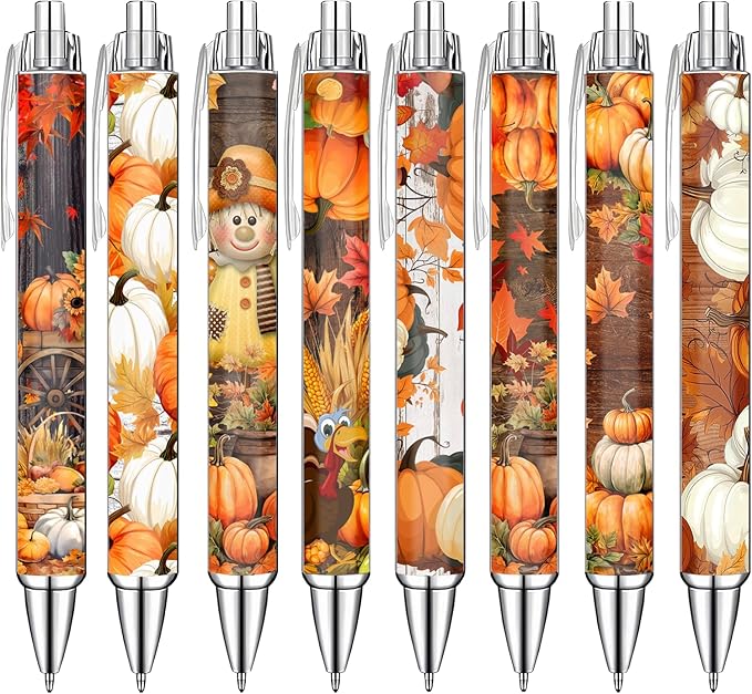 Idealmuzik Thanks Gifts,Festive Fall-Themed Ballpoint Pens for Girls, Students, and Stationery Lovers – Smooth Writing Pens for Journaling, School, or Holiday Gifts – Autumn Harvest Design, 8 Pack